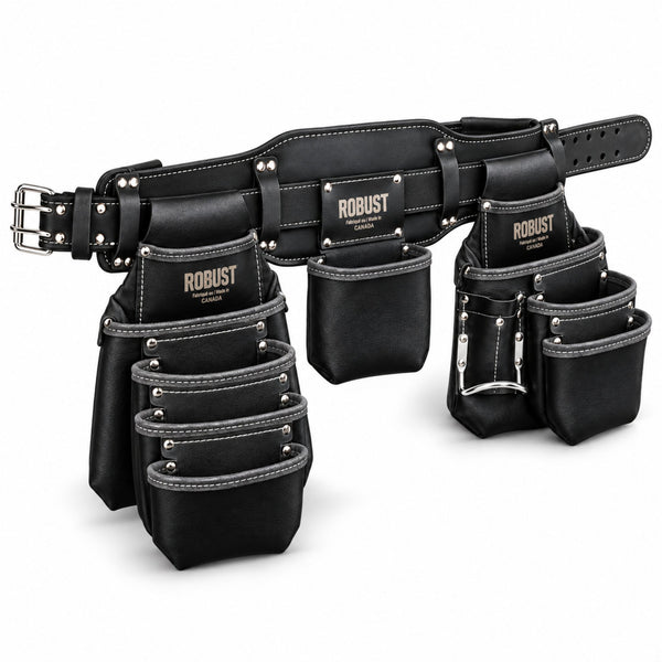 Vue 3/4 de la ceinture à outils ROBUST en cuir noir, porte-marteau en acier et surpiqûres grises, équipement de travail 10 poches total